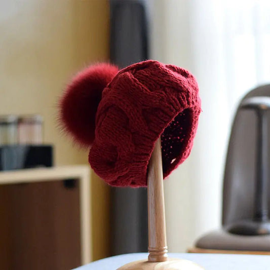 Children's Wool Hat with Fox Fur Ball for Autumn/Winter - Catch Cards