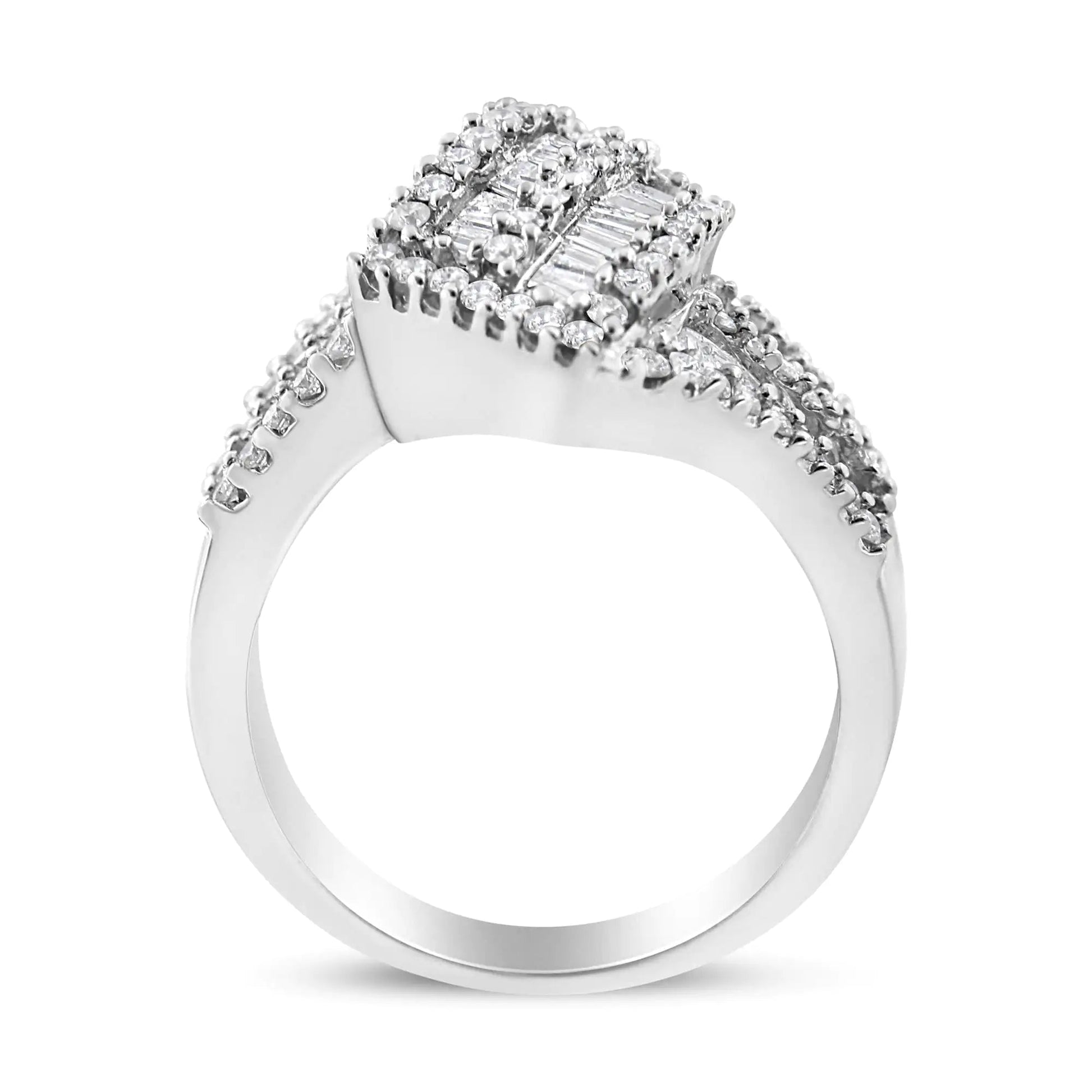 14K White Gold 1-1/2 Cttw Round and Baguette Diamond Bypass Cocktail Ring Band (H-I Color, SI1-SI2 Clarity) WEM Support (www.WEM.support)