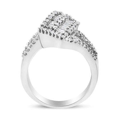 14K White Gold 1-1/2 Cttw Round and Baguette Diamond Bypass Cocktail Ring Band (H-I Color, SI1-SI2 Clarity) WEM Support (www.WEM.support)