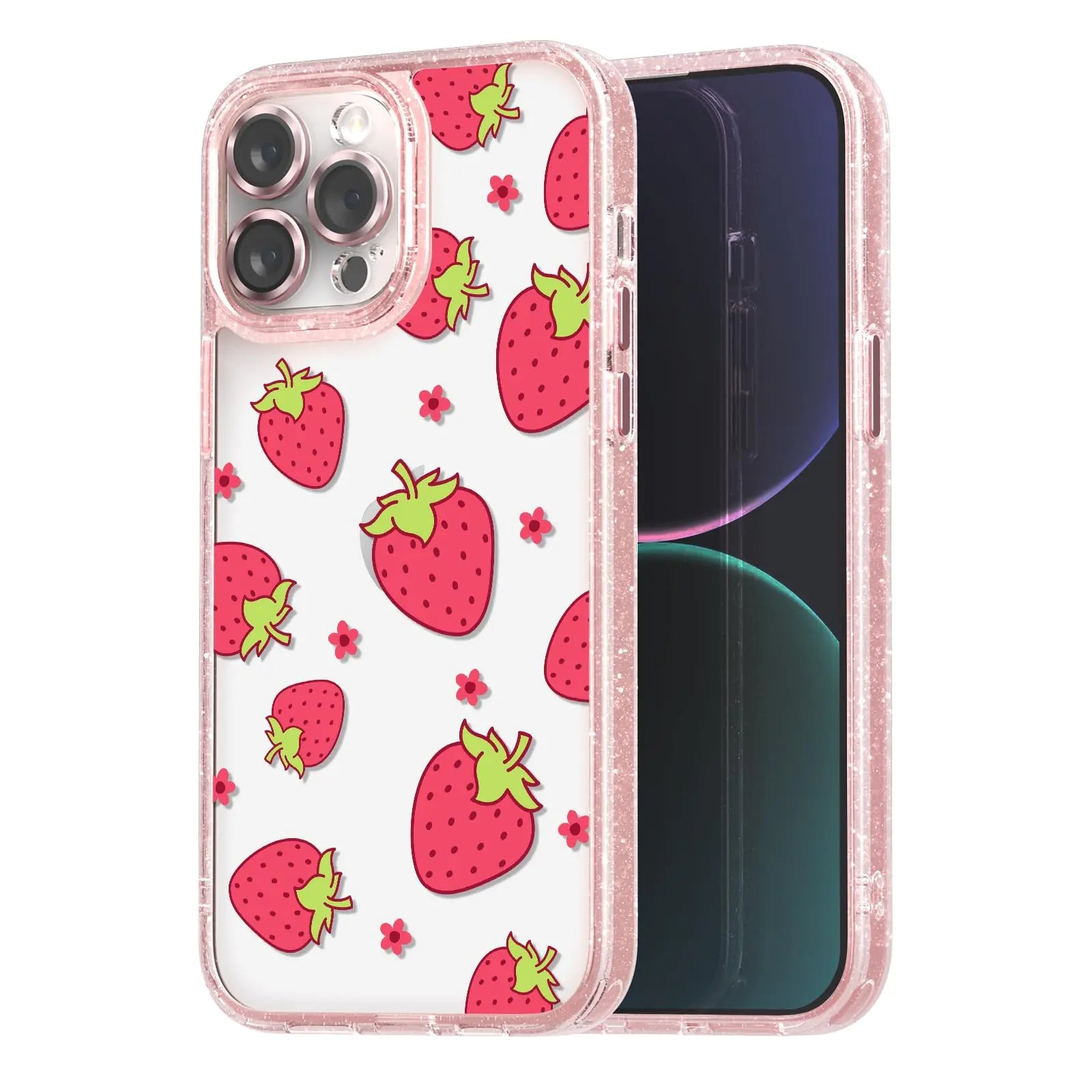 Compatible for iPhone 13 Pro Max Case Cute Aesthetic - Glitter Pink Phone Case with Camera Protector - Girly Strawberry Pattern Print Cover Design for Woman Girl 6.7" - Catch Cards