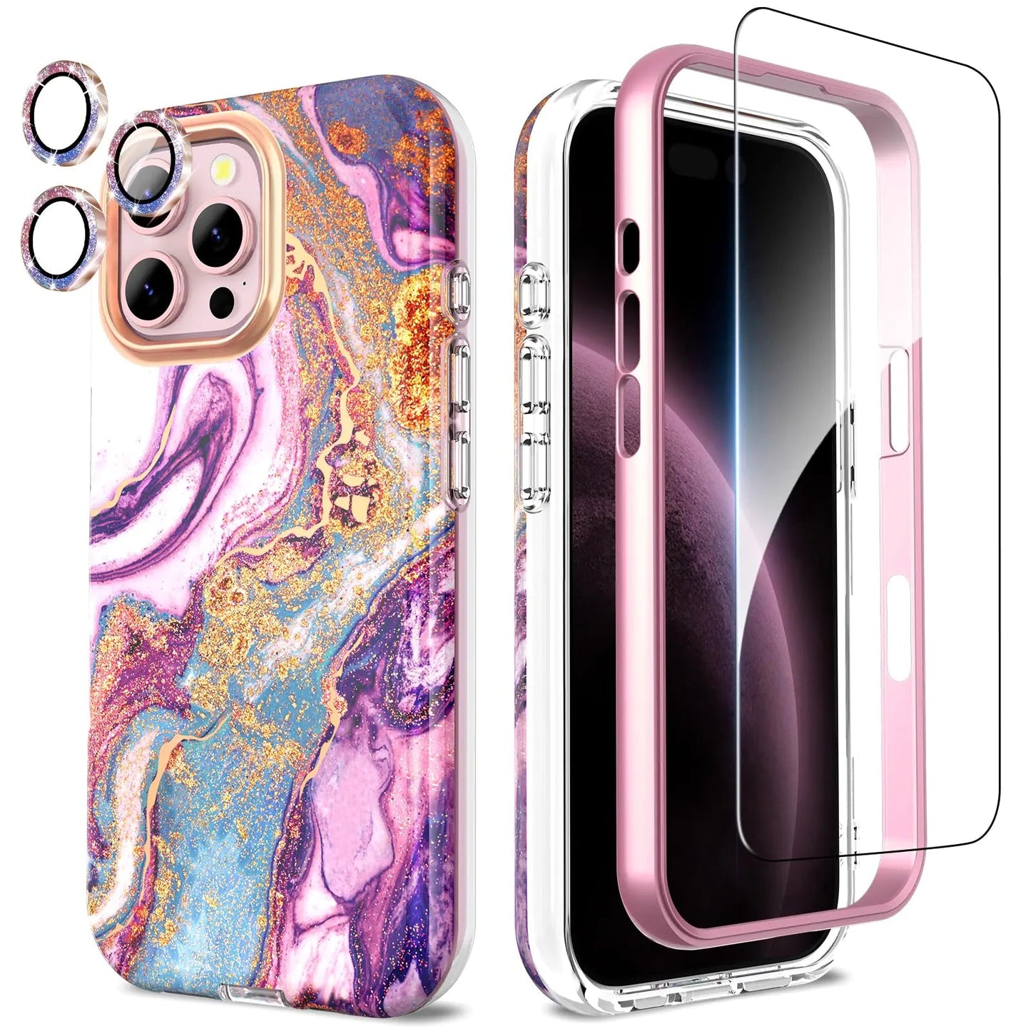 Compatible with iPhone 16 Pro Max Case with Glitter Camera Lens Protector+Screen Protector 360 Full Body Protective Case Stylish Shockproof Anti - Scratch Phone Cover for iPhone 16 Pro Max 6.9'',Purple - Catch Cards