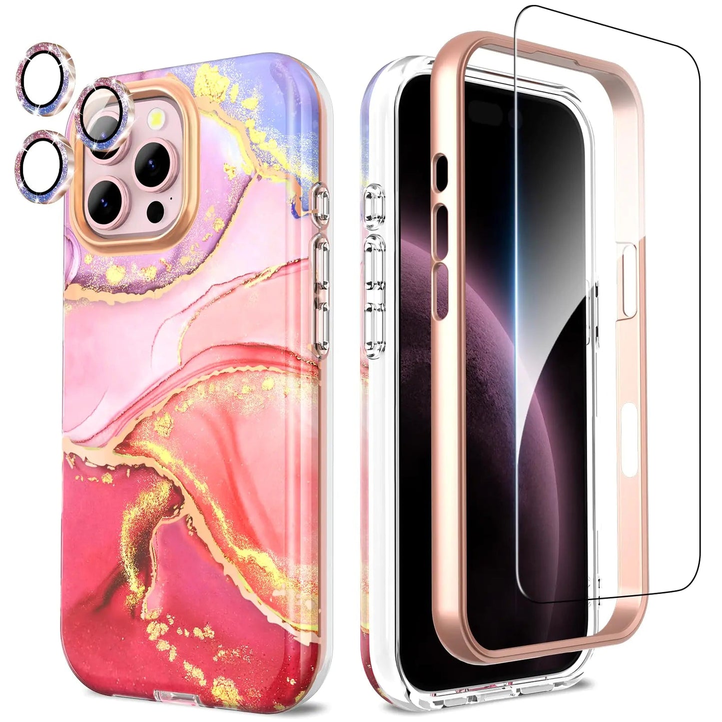 Compatible with iPhone 16 Pro Max Case with Glitter Camera Lens Protector+Screen Protector 360 Full Body Protective Case Stylish Shockproof Anti - Scratch Phone Cover for iPhone 16 Pro Max 6.9'',Purple - Catch Cards