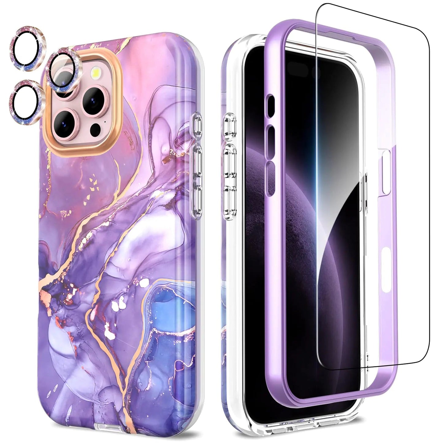 Compatible with iPhone 16 Pro Max Case with Glitter Camera Lens Protector+Screen Protector 360 Full Body Protective Case Stylish Shockproof Anti - Scratch Phone Cover for iPhone 16 Pro Max 6.9'',Purple - Catch Cards
