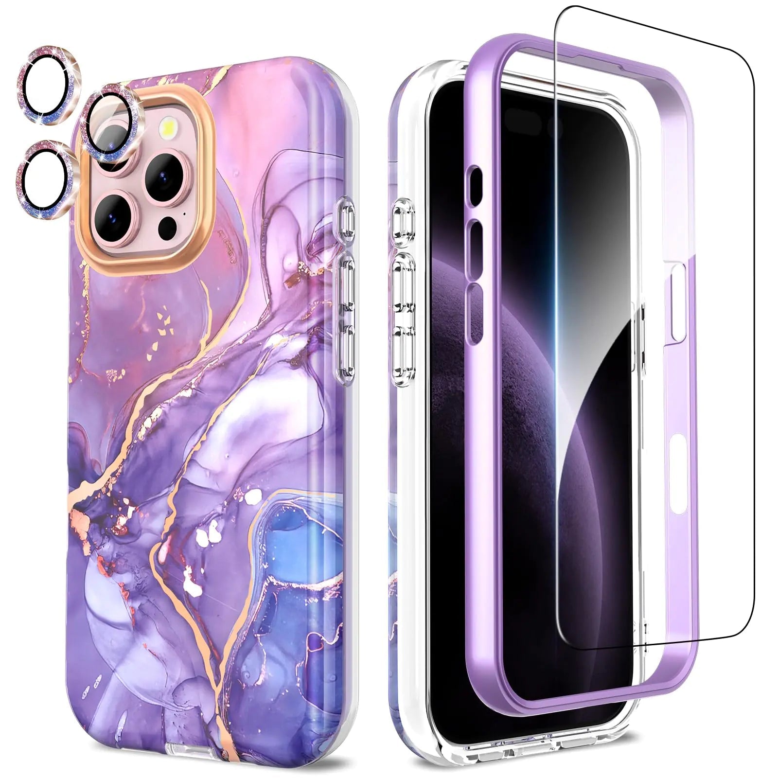 Compatible with iPhone 16 Pro Max Case with Glitter Camera Lens Protector+Screen Protector 360 Full Body Protective Case Stylish Shockproof Anti - Scratch Phone Cover for iPhone 16 Pro Max 6.9'',Purple - Catch Cards