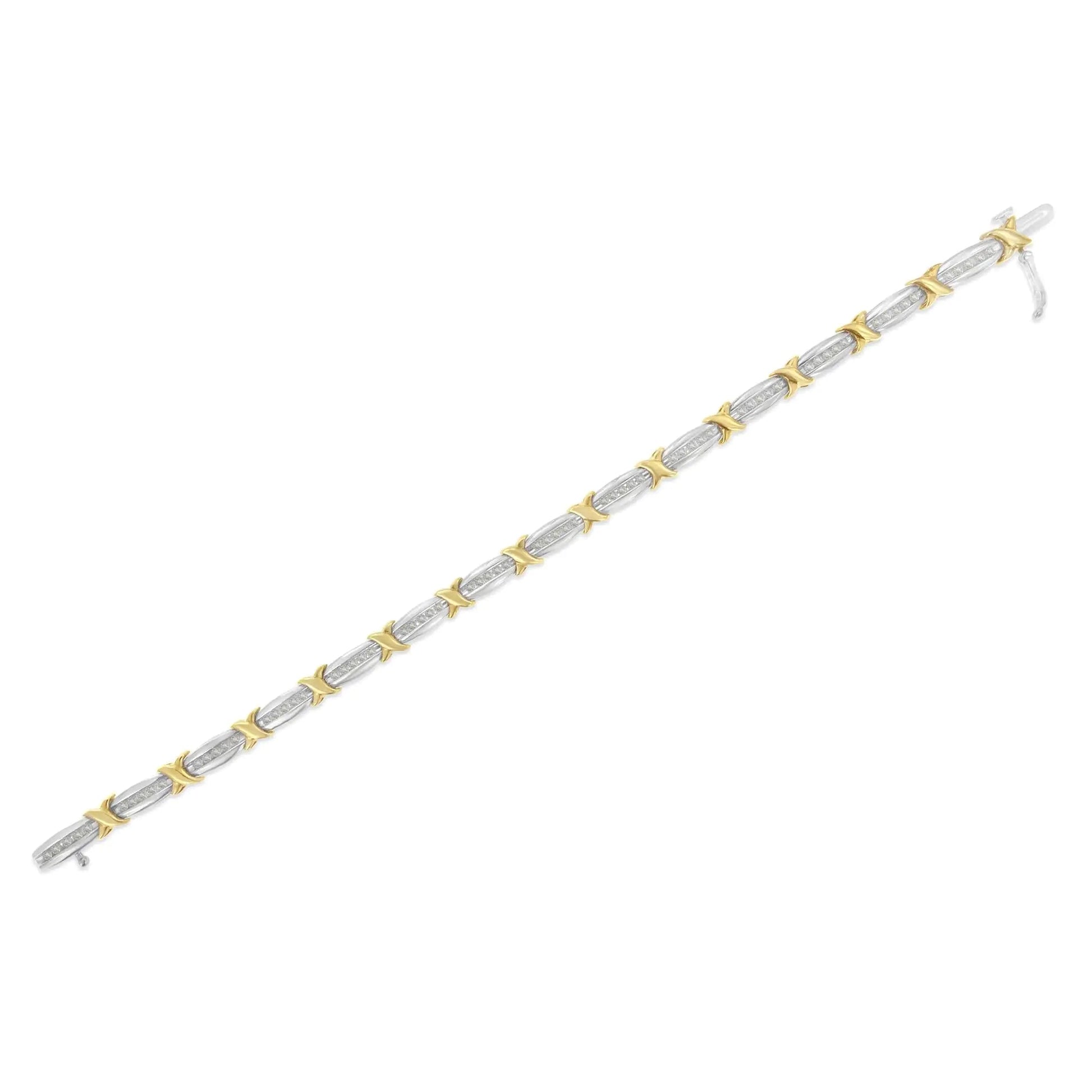 Two-Tone 10K Yellow Gold over .925 Sterling Silver 1.0 Cttw Diamond Channel Set Tapered & X-Link 7" Tennis Bracelet (H-I Color, I2-I3 Clarity) WEM Support (www.WEM.support)