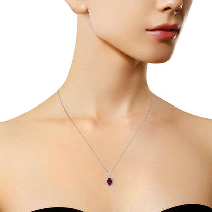 10K White Gold Created 9MM Ruby Gemstone and Natural Diamond Pendant Necklace (H-I Color, I1-I2 Clarity) WEM Support (www.WEM.support)