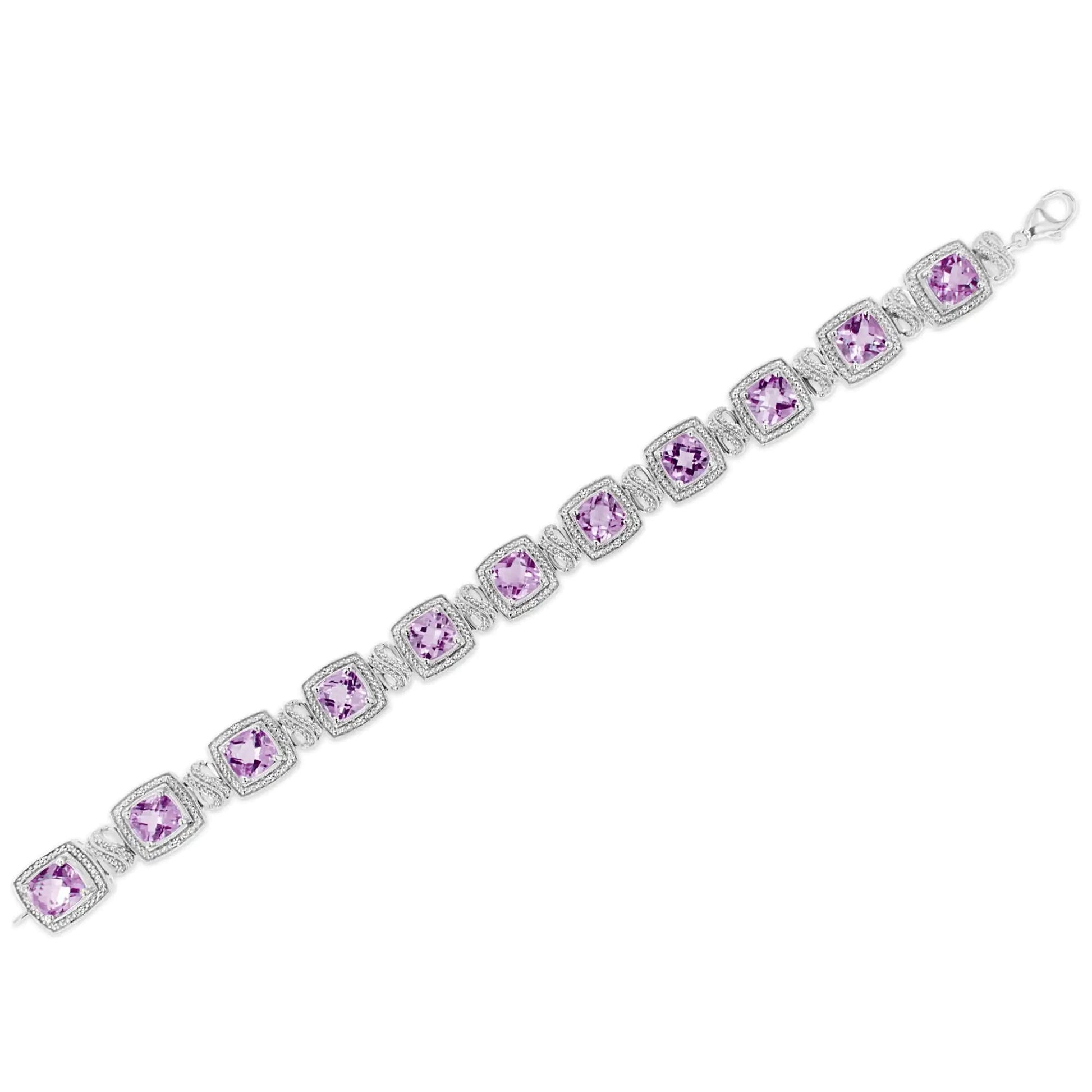 .925 Sterling Silver 7x7 mm Cushion Cut Purple Amethyst and 1/10 cttw Round Cut Diamond Square Shape Tennis Bracelet (I-J Color, I1-I2 Clarity) - 7" WEM Support (www.WEM.support)