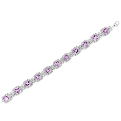 .925 Sterling Silver 7x7 mm Cushion Cut Purple Amethyst and 1/10 cttw Round Cut Diamond Square Shape Tennis Bracelet (I-J Color, I1-I2 Clarity) - 7" WEM Support (www.WEM.support)