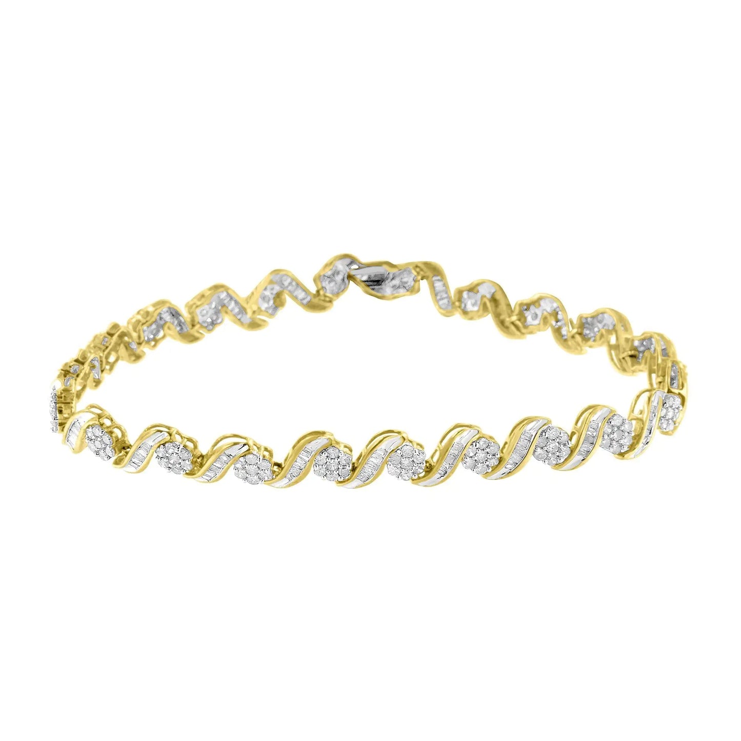 10k Yellow Gold 3.00 Cttw Round-Cut and Baguette-Cut Diamond Floral Link 7.50" Bracelet (J-K Color, I1-I2 Clarity) WEM Support (www.WEM.support)