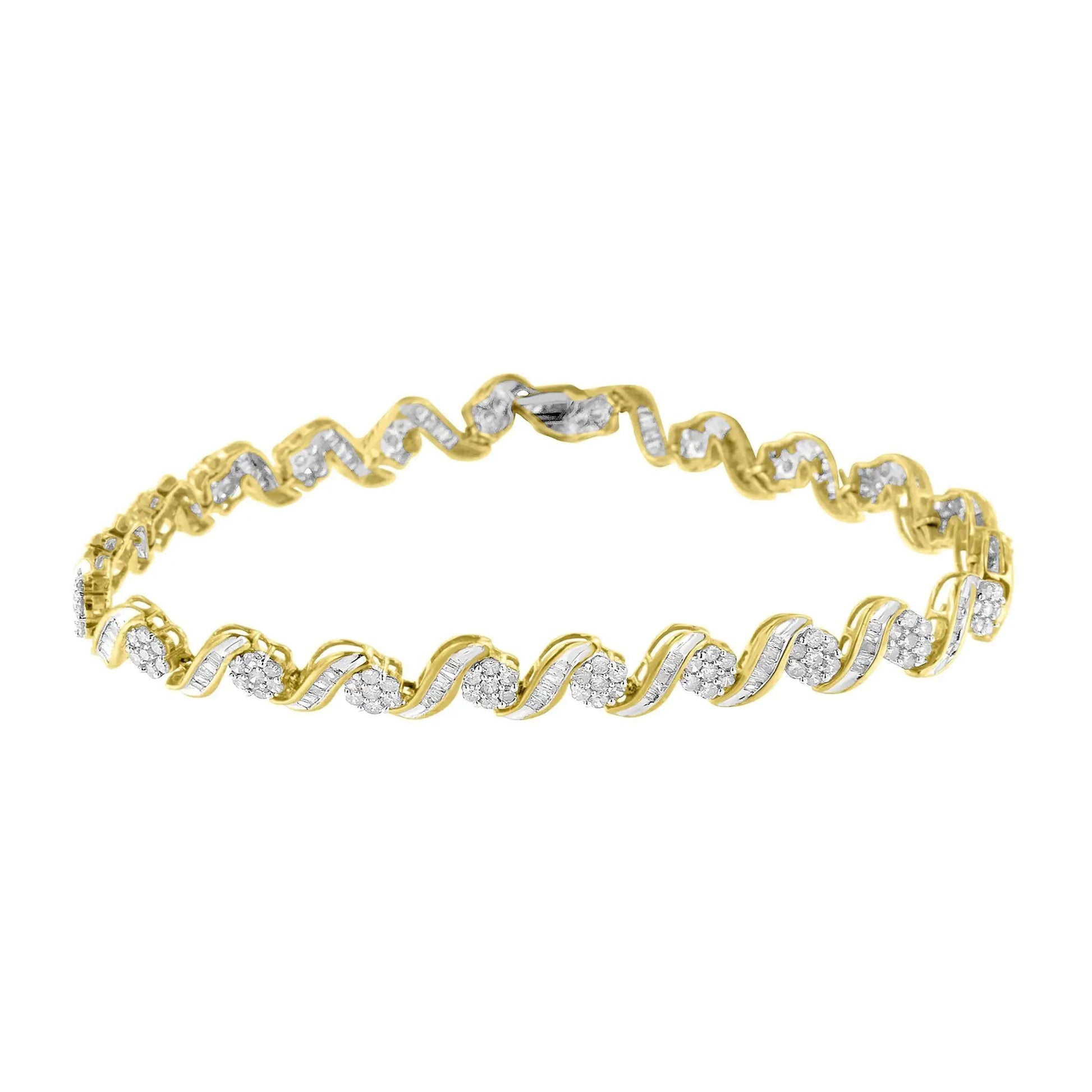 10k Yellow Gold 3.00 Cttw Round-Cut and Baguette-Cut Diamond Floral Link 7.50" Bracelet (J-K Color, I1-I2 Clarity) WEM Support (www.WEM.support)