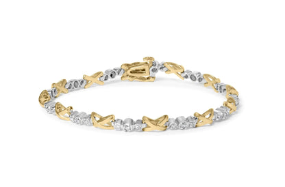 10K Two-Tone Gold 1/2 Cttw Diamond Alternating 3 Stone and X-Link 7" Bracelet (I-J Color, I2-I3 Clarity) WEM Support (www.WEM.support)