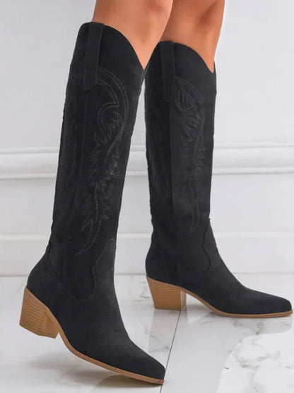 Chunky Heel Knee-high Embroidery Slip-on Middle Boots WEM Support (www.WEM.support)