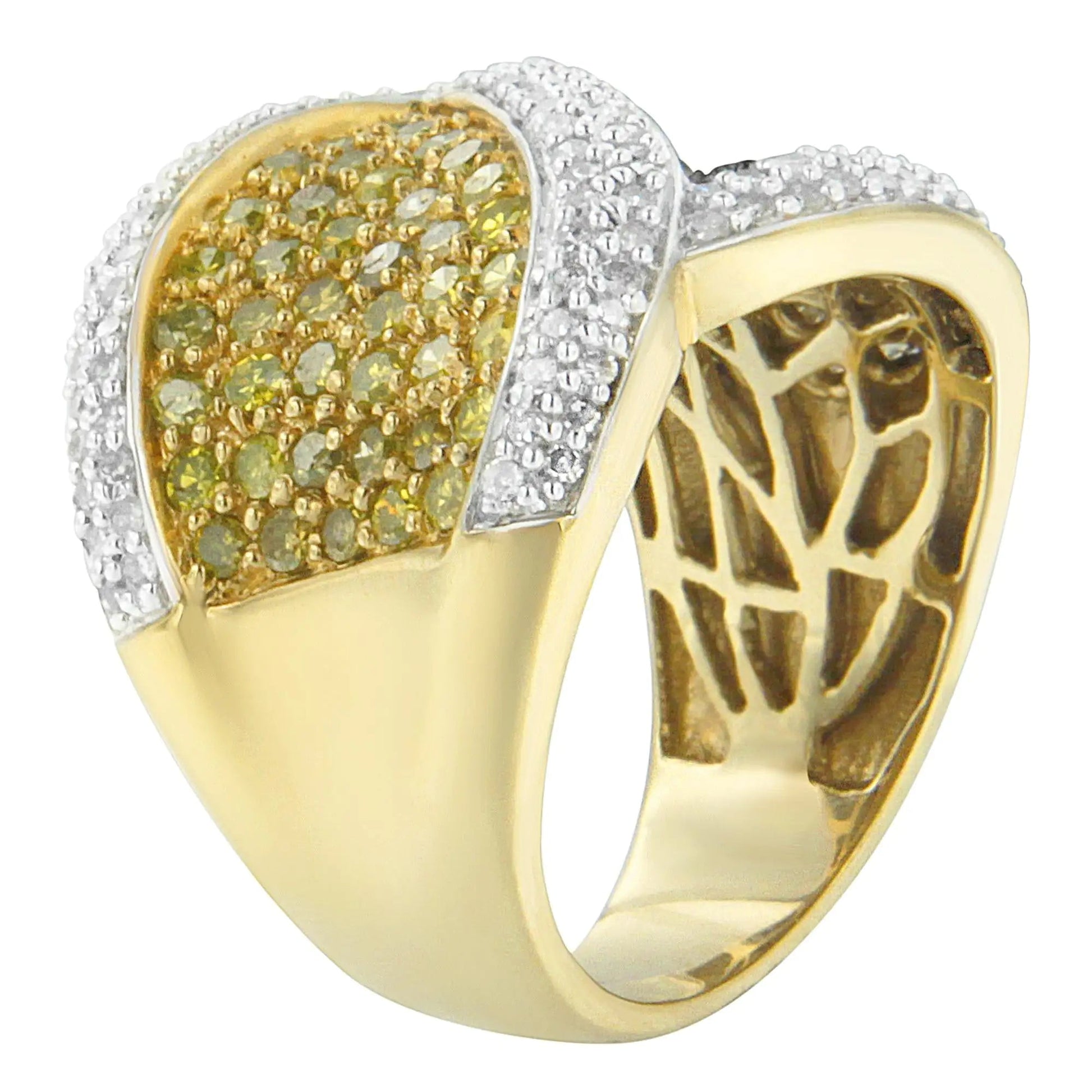 Anel Cruzado em Ouro Amarelo 14K com Diamantes Redondos Amarelos, Brancos e Champanhe (1 1/2 cttw, Cor H-I, Clareza I1-I2) WEM Support (www.WEM.support)