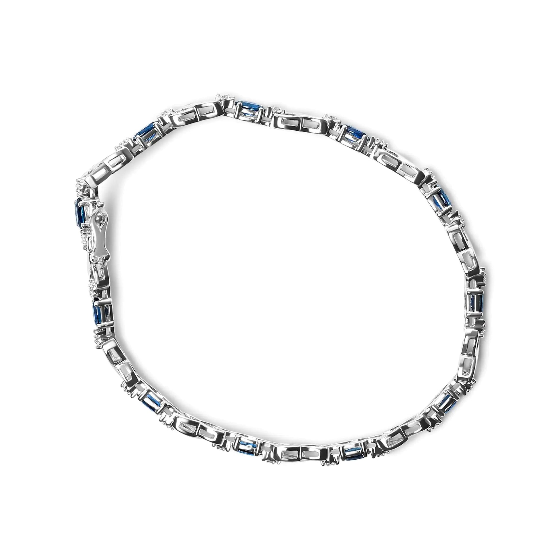 10K White Gold 5x4mm Oval Sapphire Gemstone and 1/10 Cttw Diamond Prong Set "X" Link Bracelet - Size 7" (H-I Color, SI1-SI2 Clarity) WEM Support (www.WEM.support)