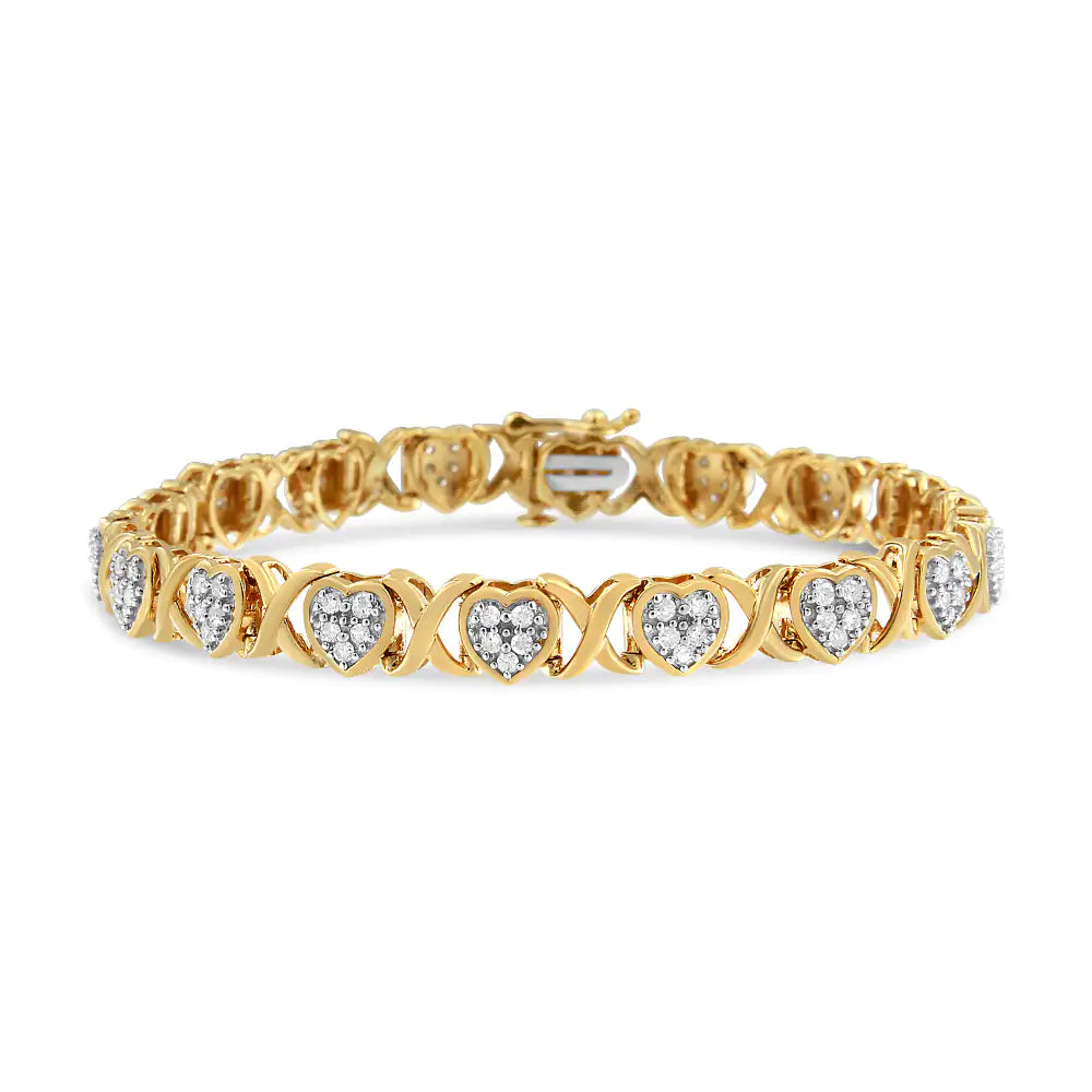 14KY Yellow Gold Plated .925 Sterling Silver 1.00 Cttw Diamond Heart and X Link Bracelet (I-J Color, I3 Clarity) - 7.25" Inches WEM Support (www.WEM.support)