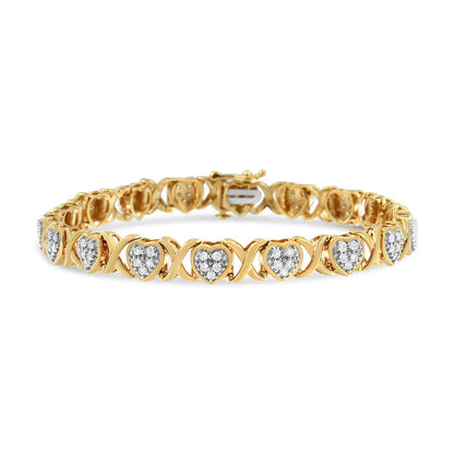 14KY Yellow Gold Plated .925 Sterling Silver 1.00 Cttw Diamond Heart and X Link Bracelet (I-J Color, I3 Clarity) - 7.25" Inches WEM Support (www.WEM.support)