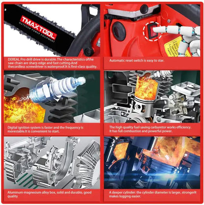 TMAXTOOL 62cc Powerful 20 Inch Gas Chainsaw With 2 Stroke - Perfect For Pruning, Limbing, And Sawmill Operations-Red WEM Support (www.WEM.support)