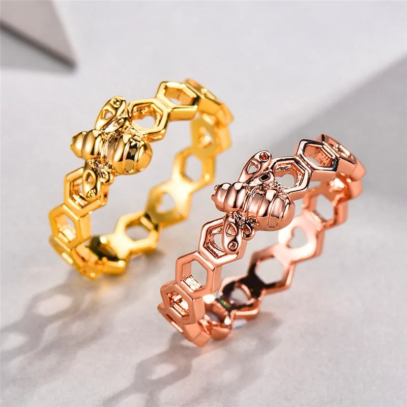 Gold and Rose Gold Colored Honeycomb Ring with Bee Accent WEM Support (www.WEM.support)