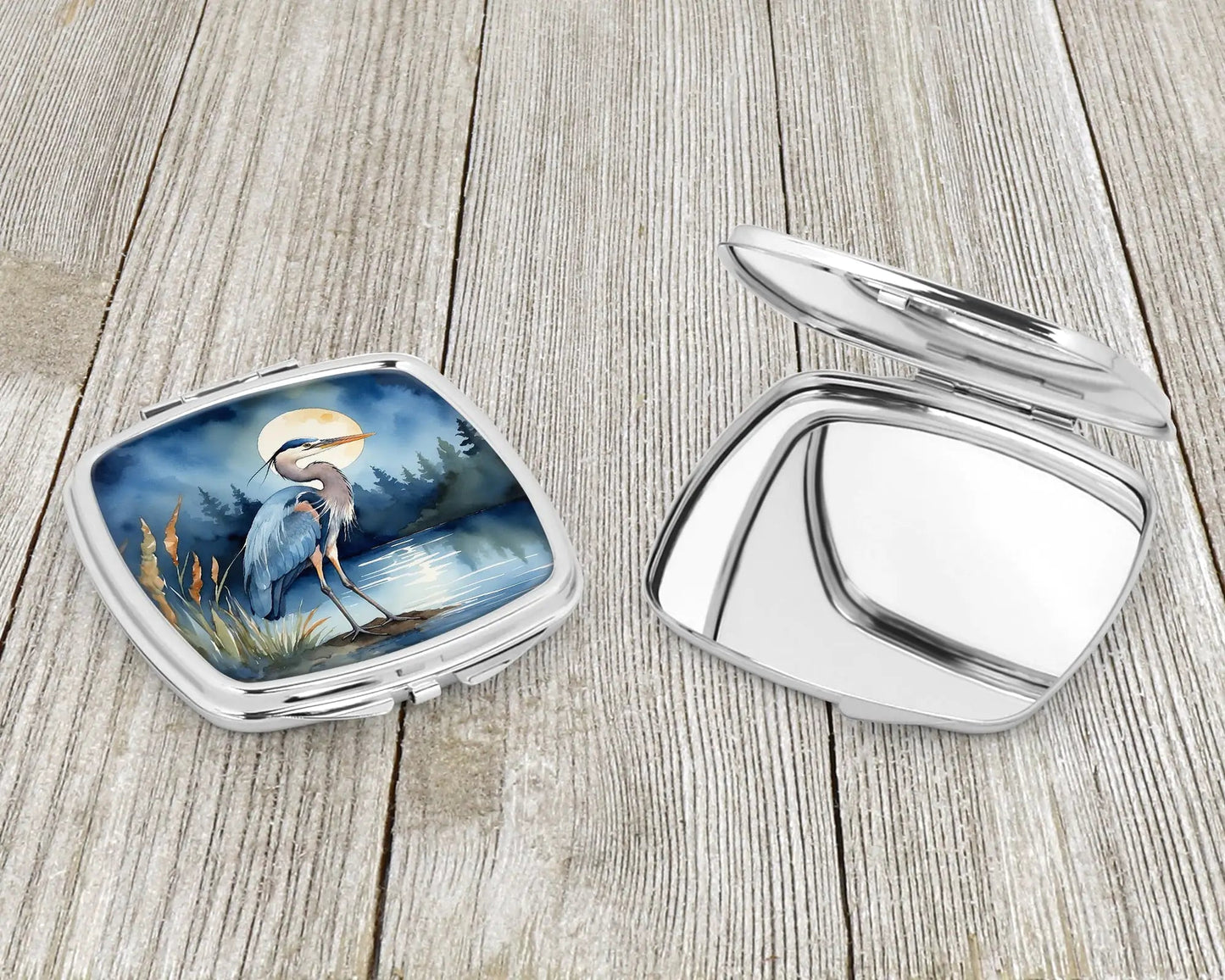 Blue Heron Under the Moonlight Compact Mirror WEM Support (www.WEM.support)