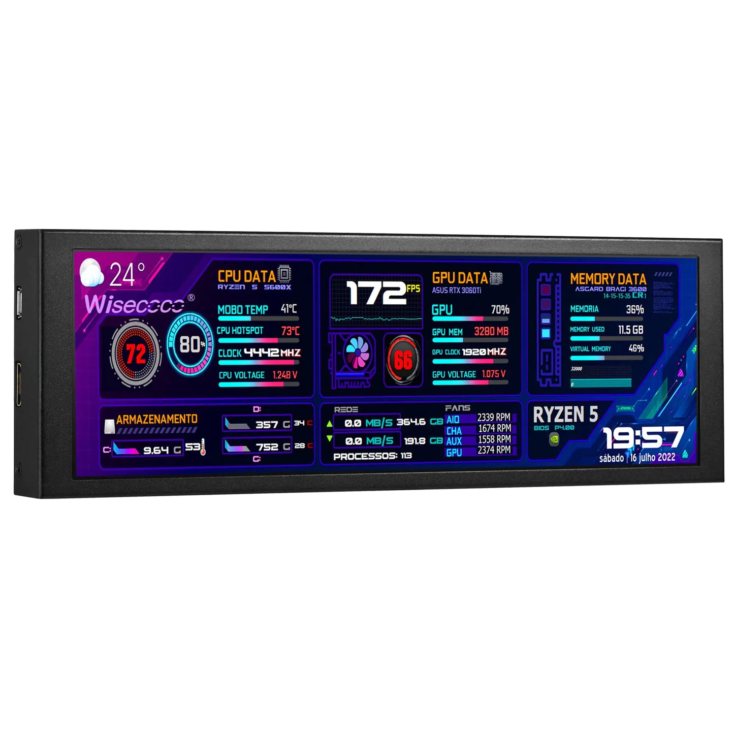 wisecoco 7.84 Inch Mini Monitor HD IPS 1280x400 Secondary Screen Stretched Bar LCD Display with Casing for Laptop Computer Speed Temperature Windows Aida64 CPU GPU Monitoring