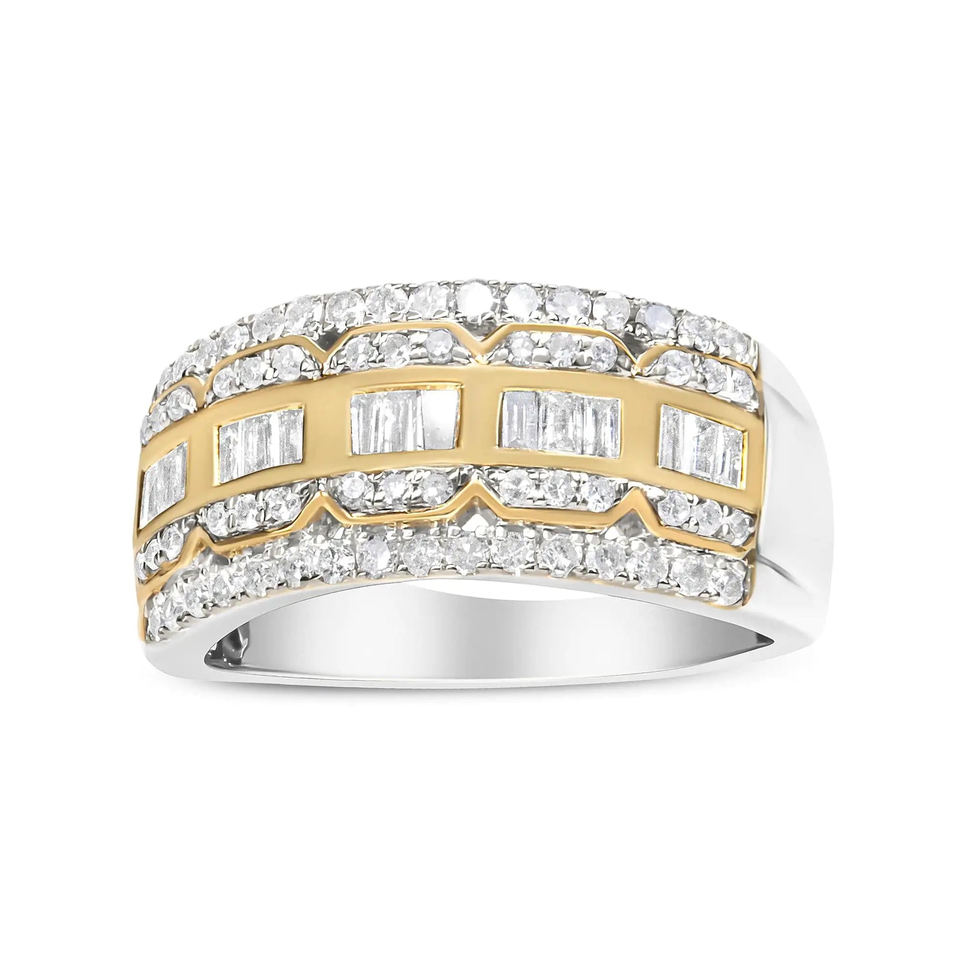 10K White and Yellow Gold 1.00 Cttw Baguette and Round cut Diamond Art Deco Multi-Row Ring Band (I-J Color, I1-I2 Clarity) WEM Support (www.WEM.support)
