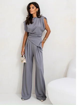 Elegant Women's Summer Two - Piece Set with Wide Pants - Catch Cards