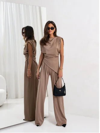 Elegant Women's Summer Two - Piece Set with Wide Pants - Catch Cards