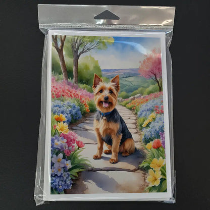 Australian Terrier Spring Garden Greeting Cards Pack of 8 WEM Support (www.WEM.support)
