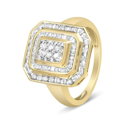 Anel de Coquetel Quadrado de Diamante em Prata Esterlina .925 com Banho de Ouro Amarelo 10K (1.15 Cttw, Cor I-J, Clareza I2-I3) WEM Support (www.WEM.support)