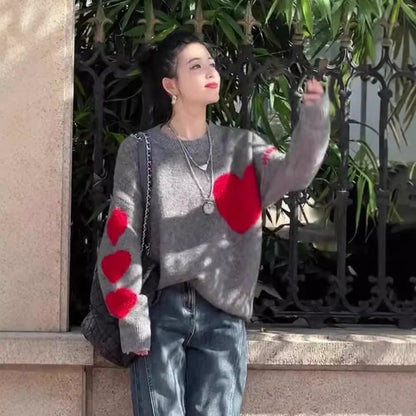 European Station Gray With Heart Knitted Sweater Women's Thick - Catch Cards