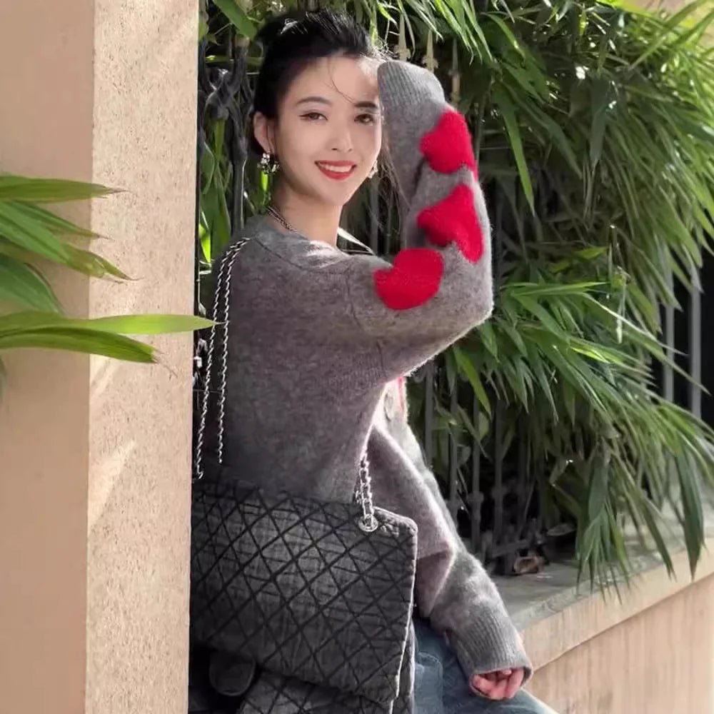European Station Gray With Heart Knitted Sweater Women's Thick - Catch Cards