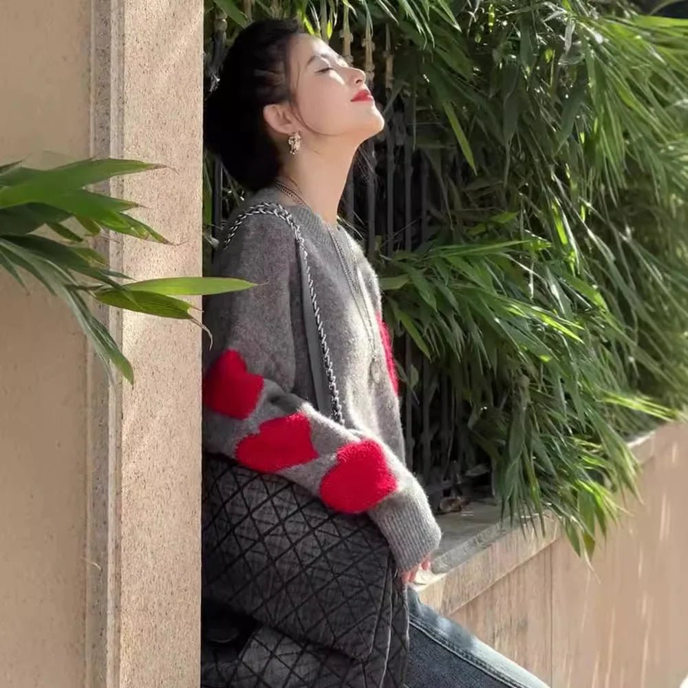 European Station Gray With Heart Knitted Sweater Women's Thick - Catch Cards