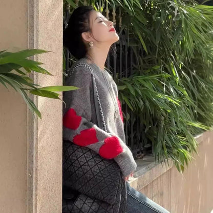 European Station Gray With Heart Knitted Sweater Women's Thick - Catch Cards