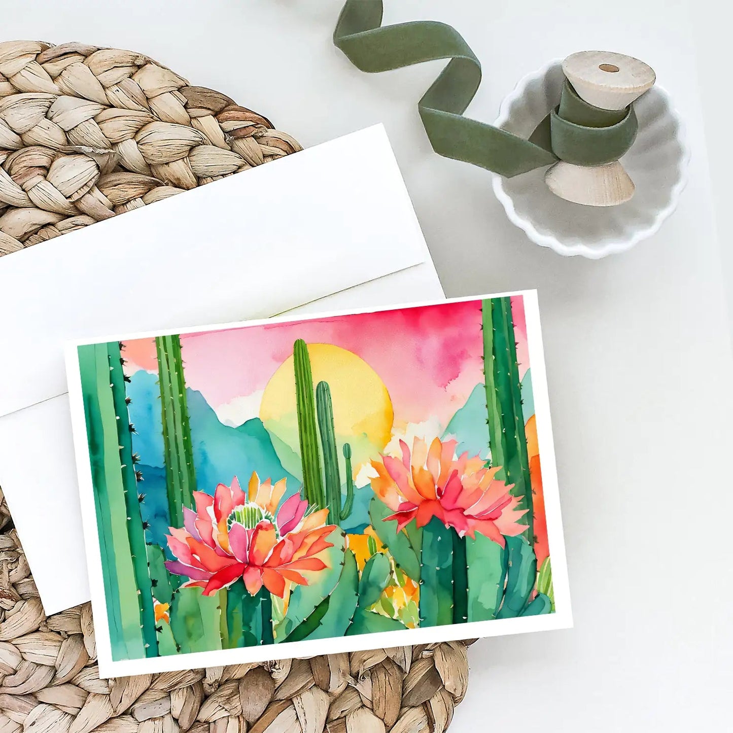 Arizona Saguaro Cactus Blossom in Watercolor Greeting Cards Pack of 8 WEM Support (www.WEM.support)