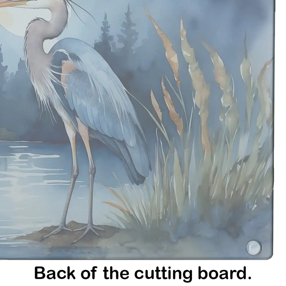 Blue Heron Under the Moonlight Glass Cutting Board WEM Support (www.WEM.support)