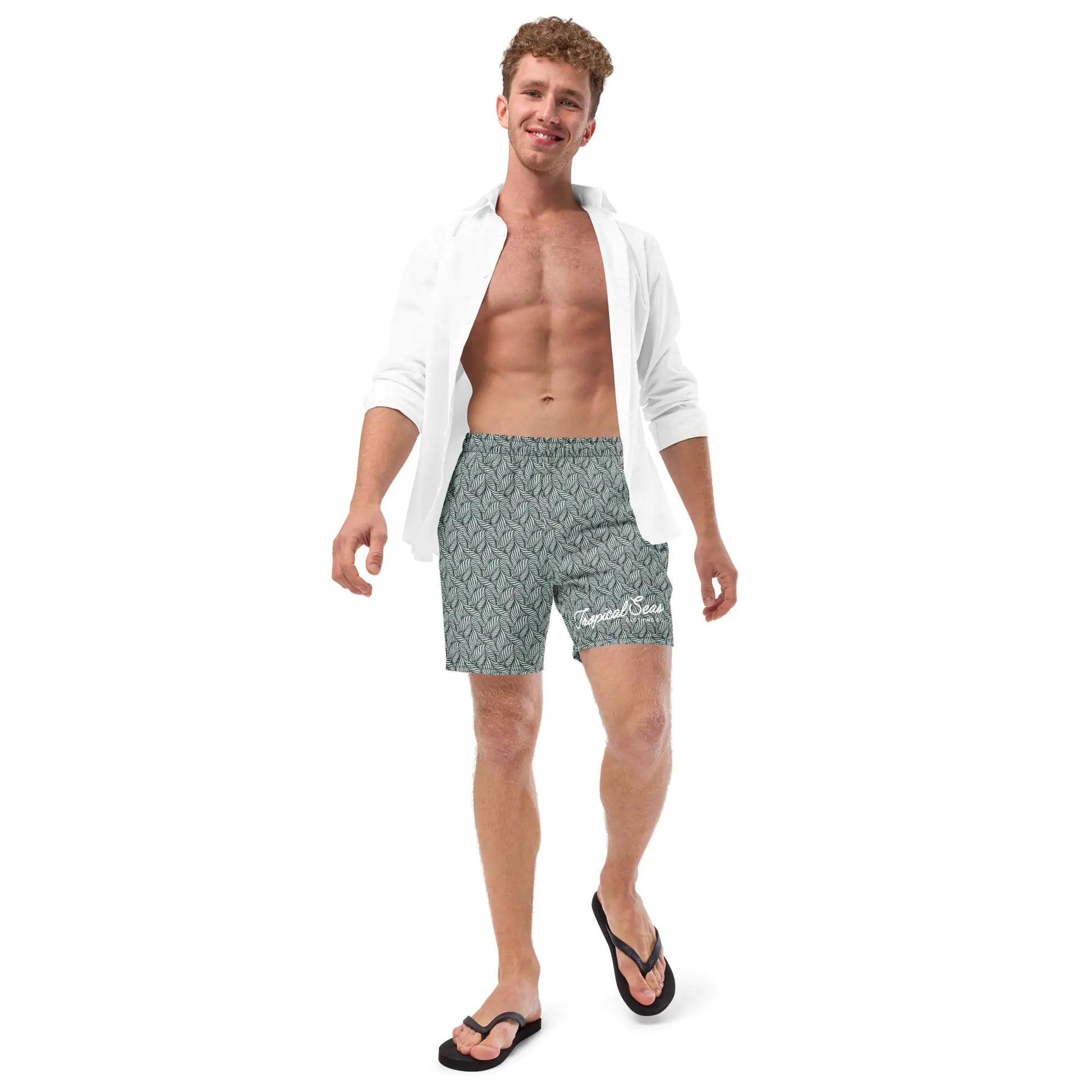 Men's Eco Grey Palm Swim Trunks WEM Support (www.WEM.support)