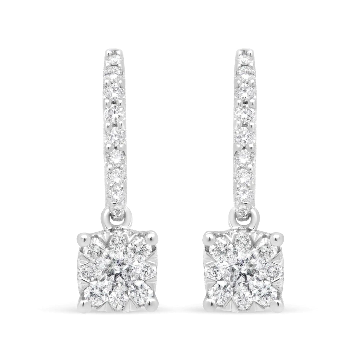 14K White 1/2 Cttw Round Diamond Halo Dangle Hook Earring - (H-I Color, SI2-I1 Clarity) WEM Support (www.WEM.support)