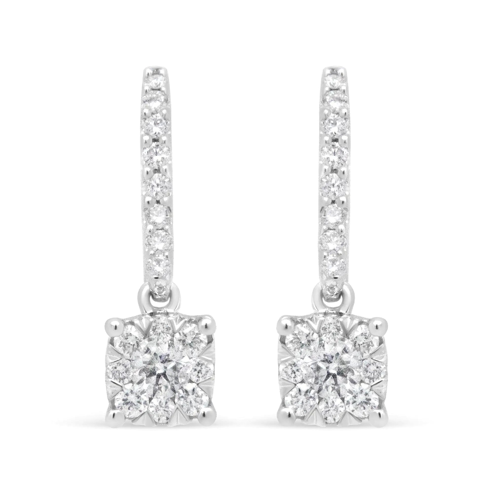 14K White 1/2 Cttw Round Diamond Halo Dangle Hook Earring - (H-I Color, SI2-I1 Clarity) WEM Support (www.WEM.support)