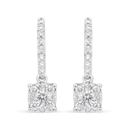 14K White 1/2 Cttw Round Diamond Halo Dangle Hook Earring - (H-I Color, SI2-I1 Clarity) WEM Support (www.WEM.support)