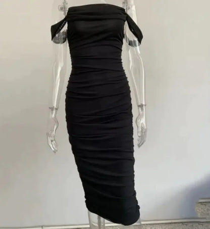 Tube top off shoulder pleated slit dress HejK.com