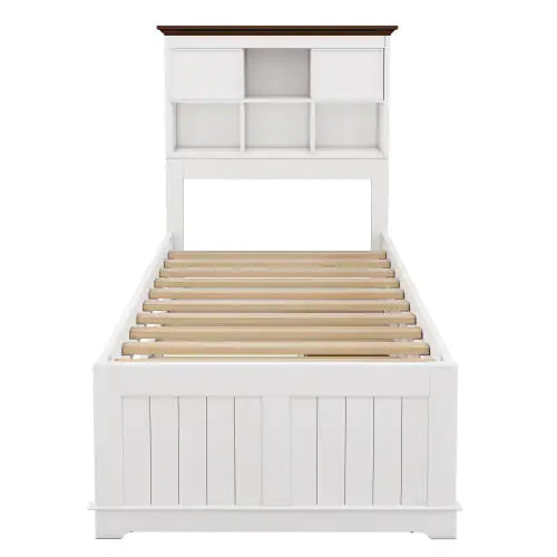 Solid Pine Captain Bookcase Bed With Trundle Bed And 3 Spacious Under Bed Drawers In Casual,Twin, White Walnut WEM Support (www.WEM.support)
