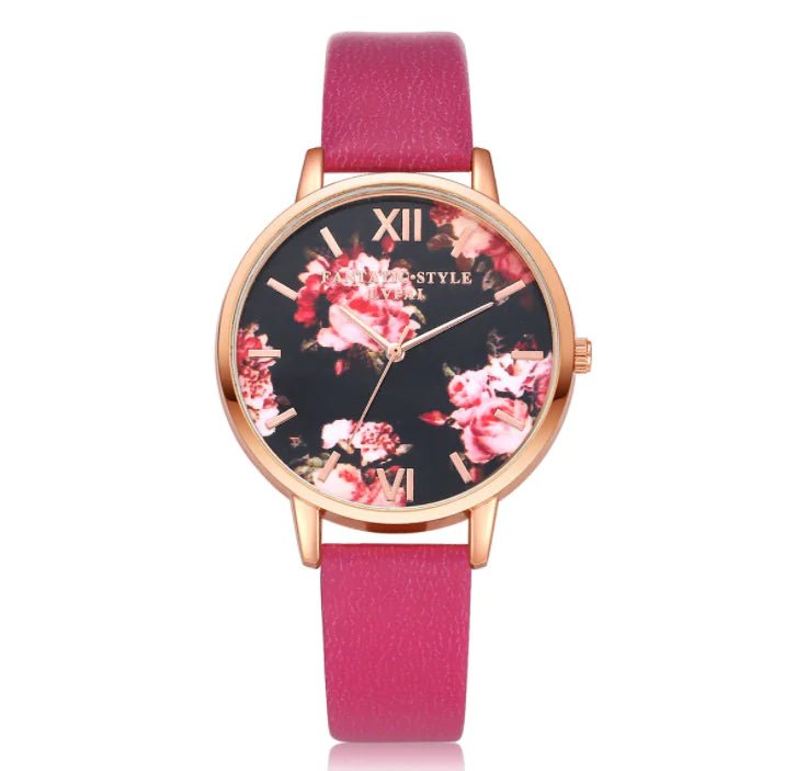 Fashion Floral Dial Watch for Women, PU Strap - Catch Cards