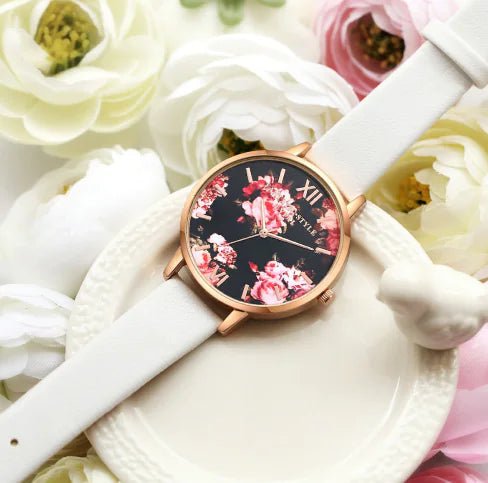 Fashion Floral Dial Watch for Women, PU Strap - Catch Cards