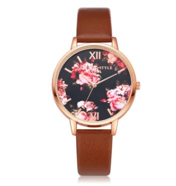 Fashion Floral Dial Watch for Women, PU Strap - Catch Cards