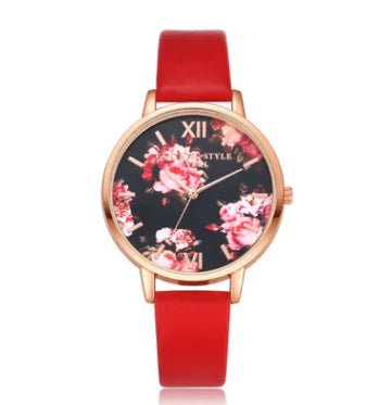 Fashion Floral Dial Watch for Women, PU Strap - Catch Cards