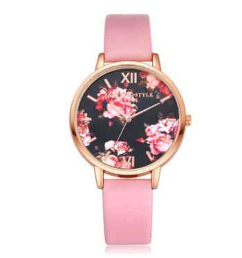 Fashion Floral Dial Watch for Women, PU Strap - Catch Cards