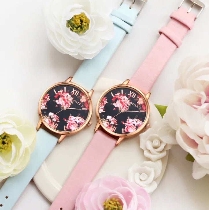 Fashion Floral Dial Watch for Women, PU Strap - Catch Cards