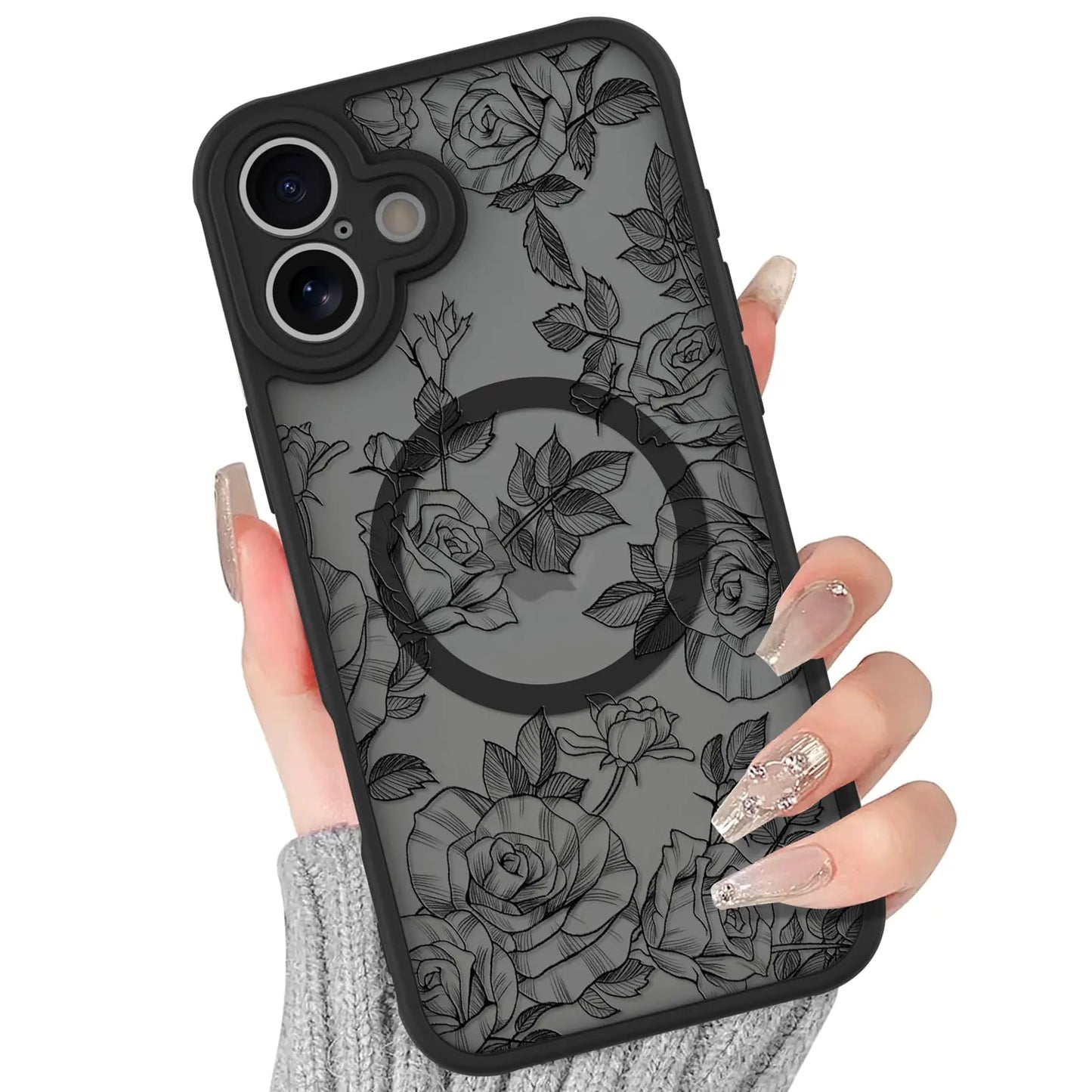 BITOBE Floral Case for iPhone 13 [Compatible with MagSafe] Cute Flower Pattern Case for Women Girls Soft TPU Bumper Translucent Magnetic Slim Protective Cover - Black Rose