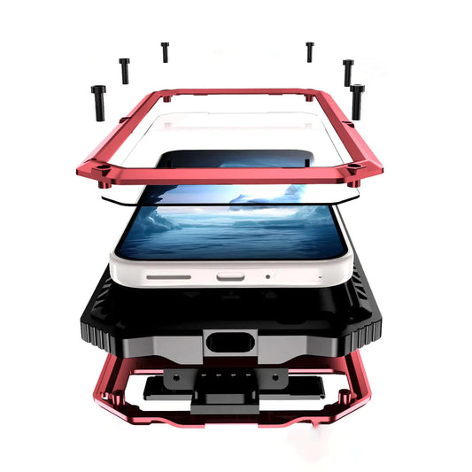A red and black metal heavy-duty phone case for Google Pixel, showing the front, side, and back views with the screen protection feature.