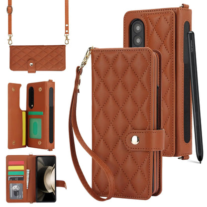 A brown, leather wallet protector case for the Samsung Galaxy Z Fold 3 with a detachable strap and card holder compartments. The case features a quilted design and includes a holder for an S Pen.